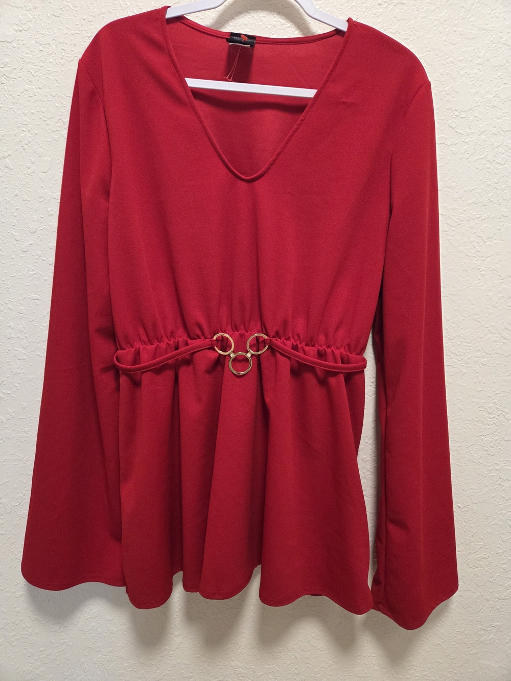Women’s Red Long-Sleeve V-Neck Peplum Blouse with Gold Ring Detail